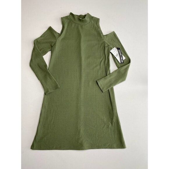 DESIGN LAB Solid Olive Green Cold Shoulder Ribbed Dress Sz Small NEW - Picture 5 of 7